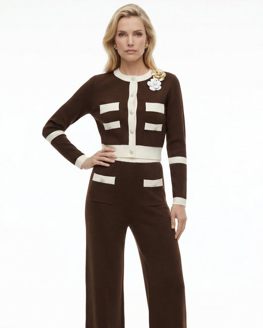 Rinna Knitted Long Sleeve Cardigan Jacket and High Waist Trousers Set