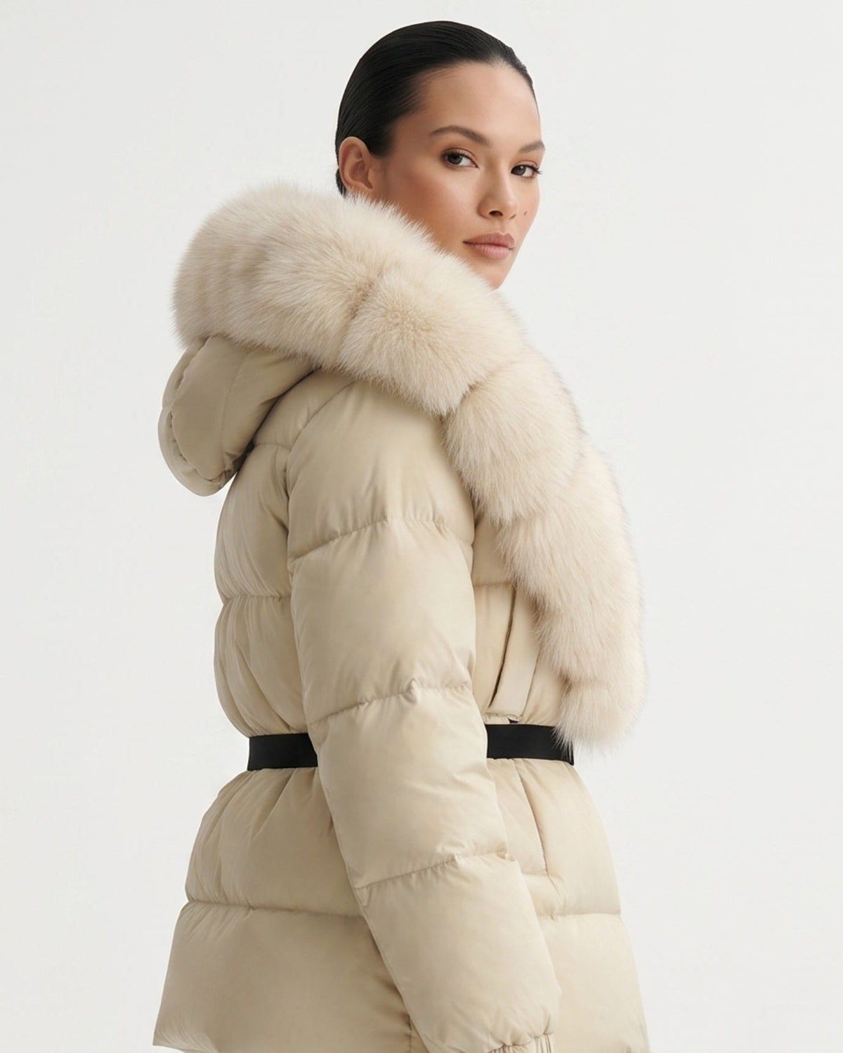 Duck Down Puffer Jacket with Trimmed Hood and Cinched Waist – view 16