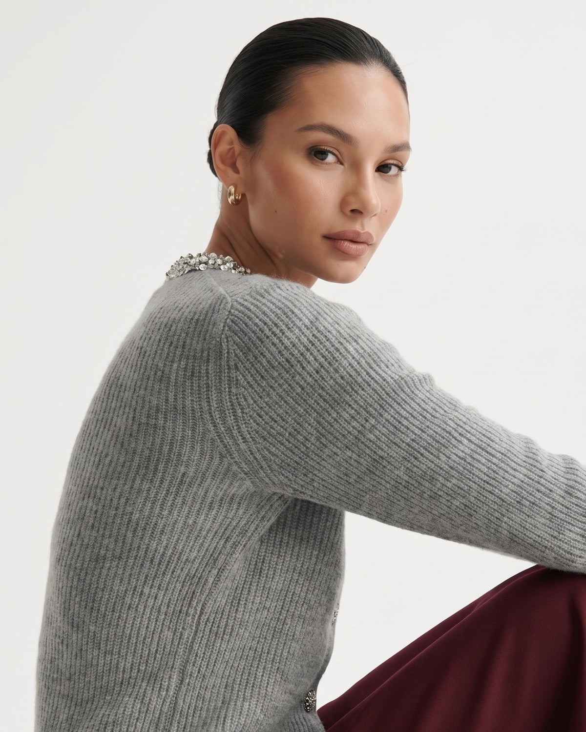 Round Neck Diamond Pattern Knit Pure Cashmere Cardigan – view 12