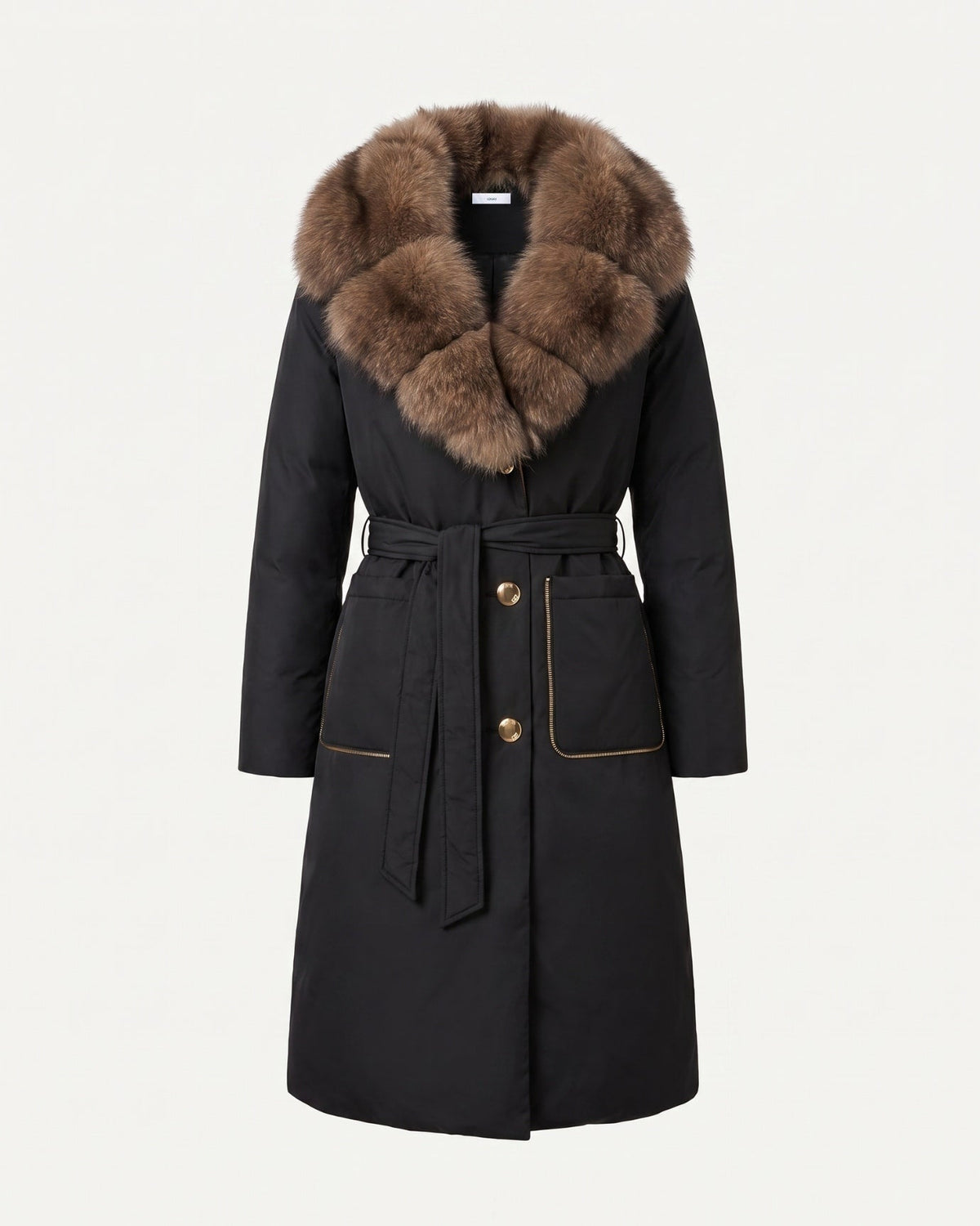 Long Belted Down Coat with Statement Collar