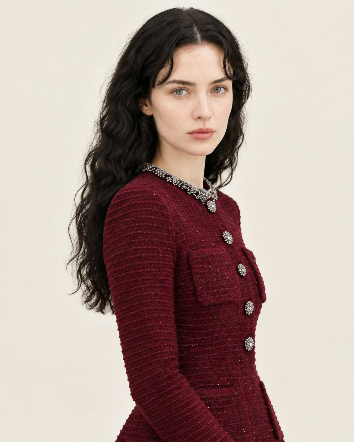 Long Sleeve Cotton Blend Knit Mini Dress – Burgundy – view 3
