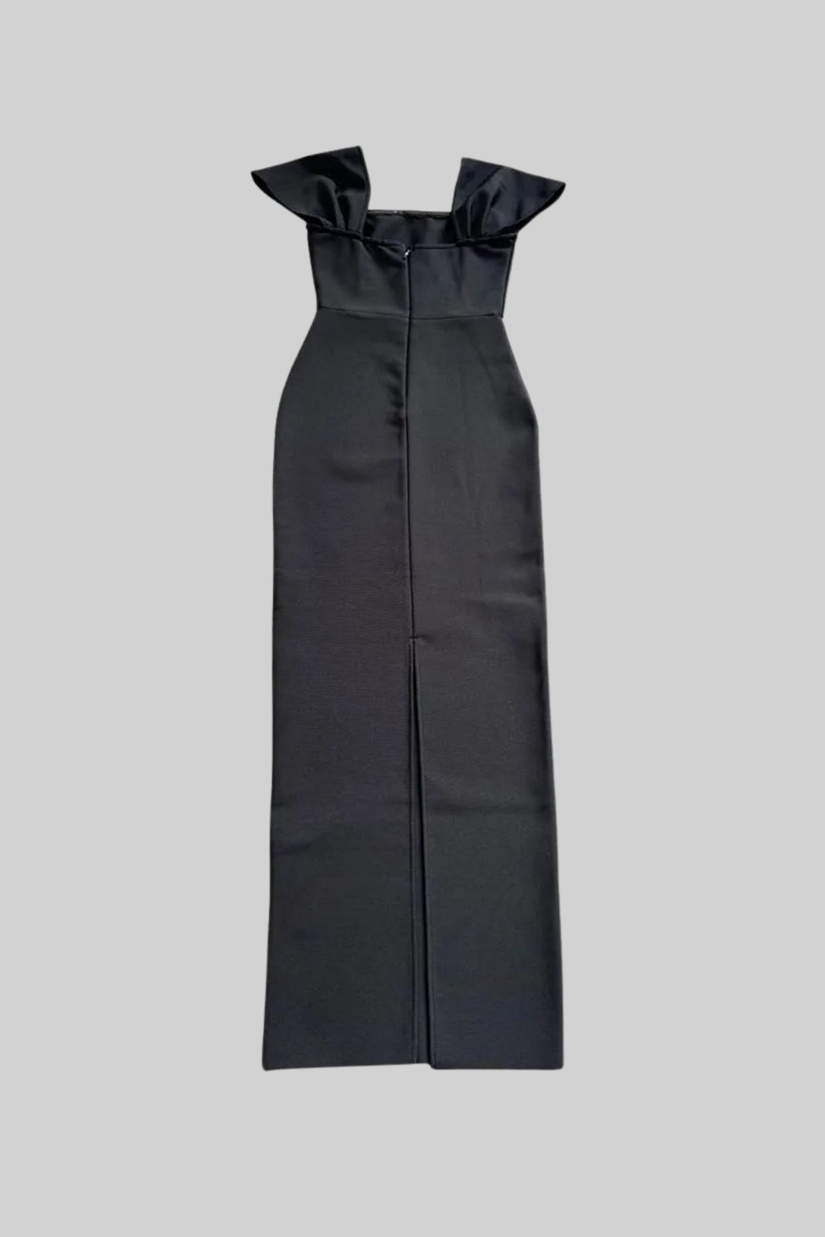 Off-Shoulder Fitted Maxi Gown with Crystal Trim and Cap Sleeves – Black – view 3