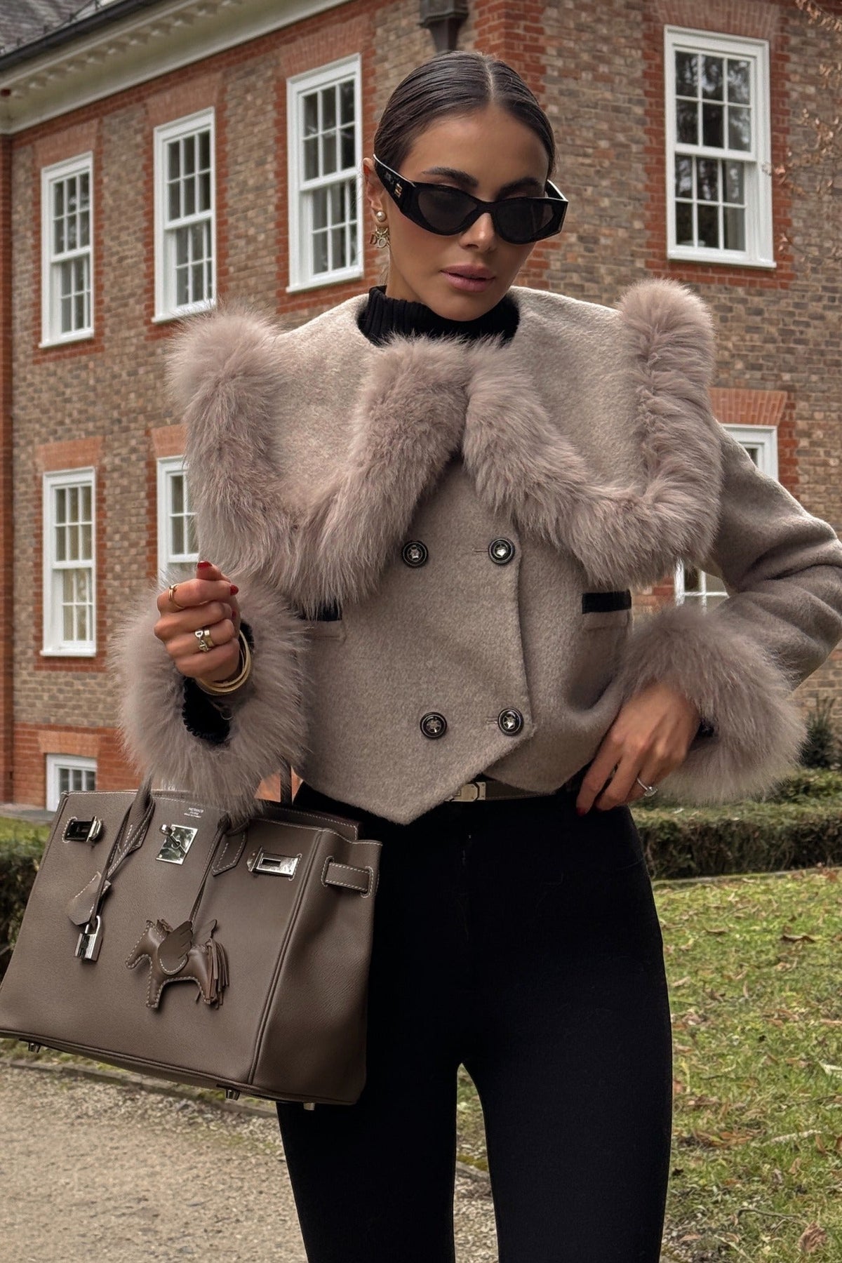 Double-Breasted Cropped Jacket with Trimmed Collar and Cuffs – Brown – view 2