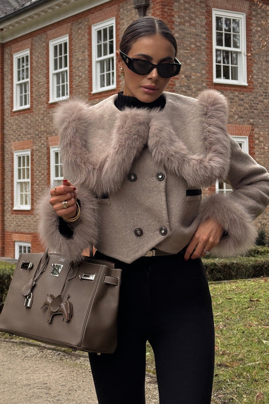 Double-Breasted Cropped Jacket with Trimmed Collar and Cuffs – Brown – view 2