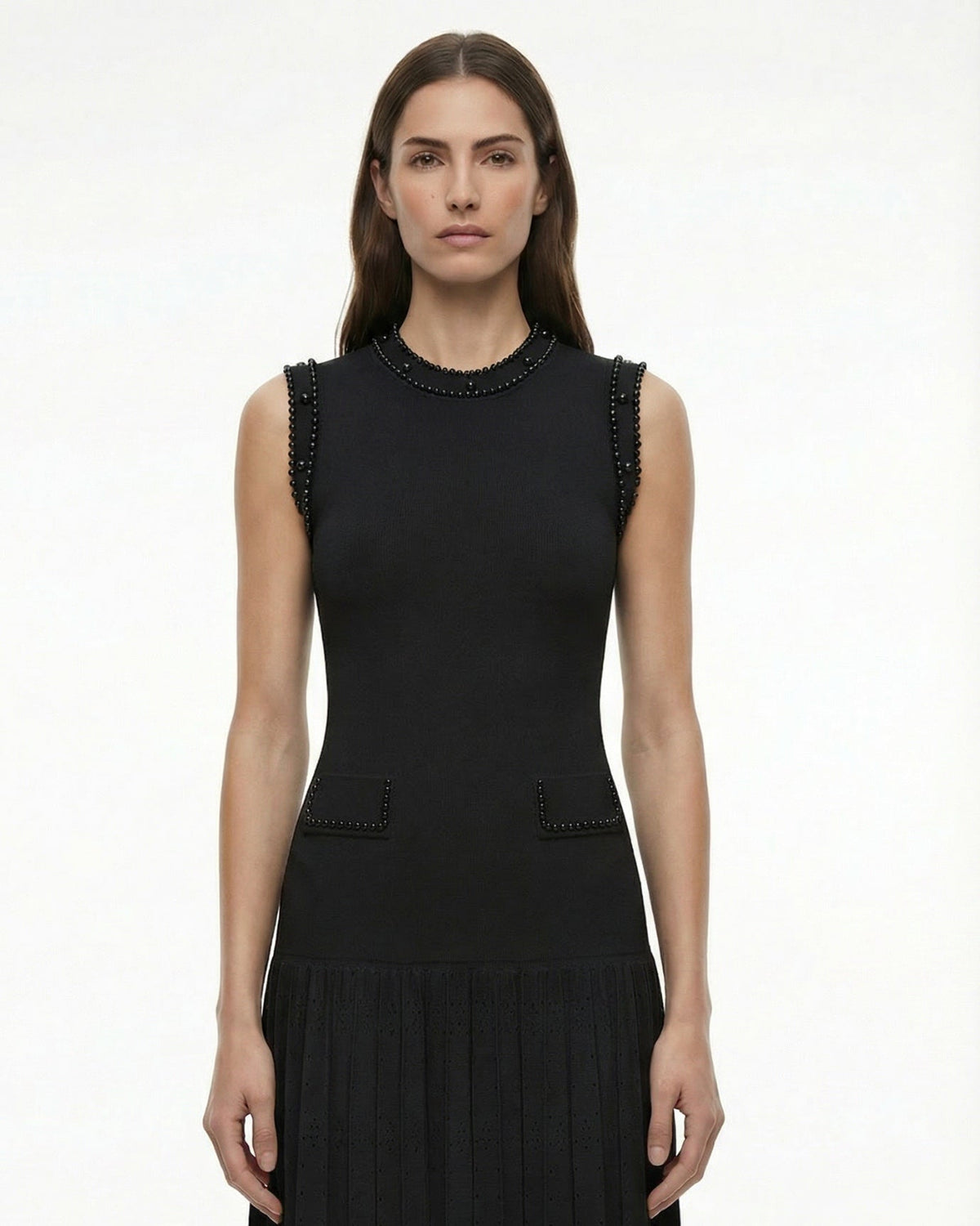 Hamptons Beaded Neck Lace Panel Slim Fit Fishtail Knit Dress – view 11