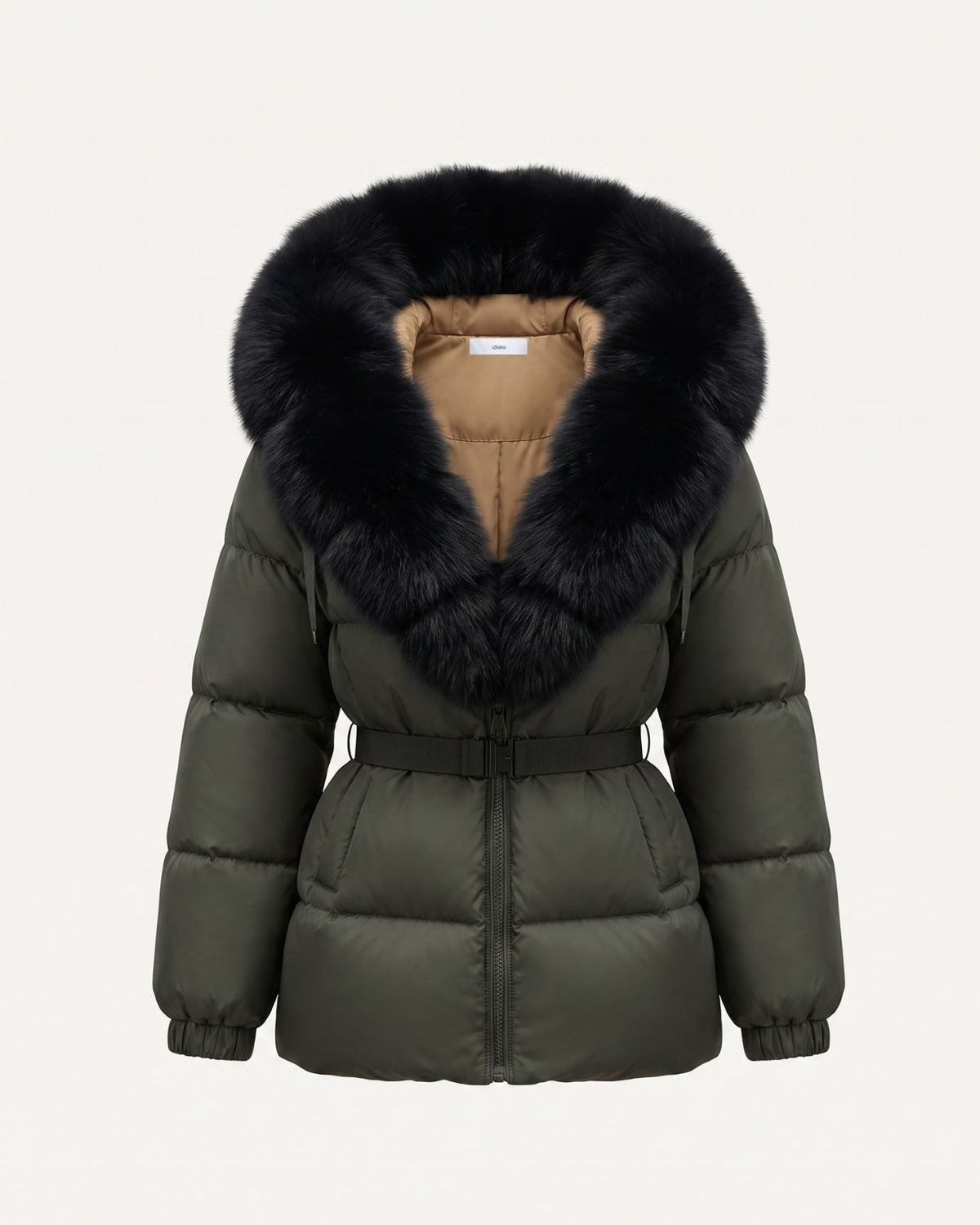 Duck Down Puffer Jacket with Trimmed Hood and Cinched Waist