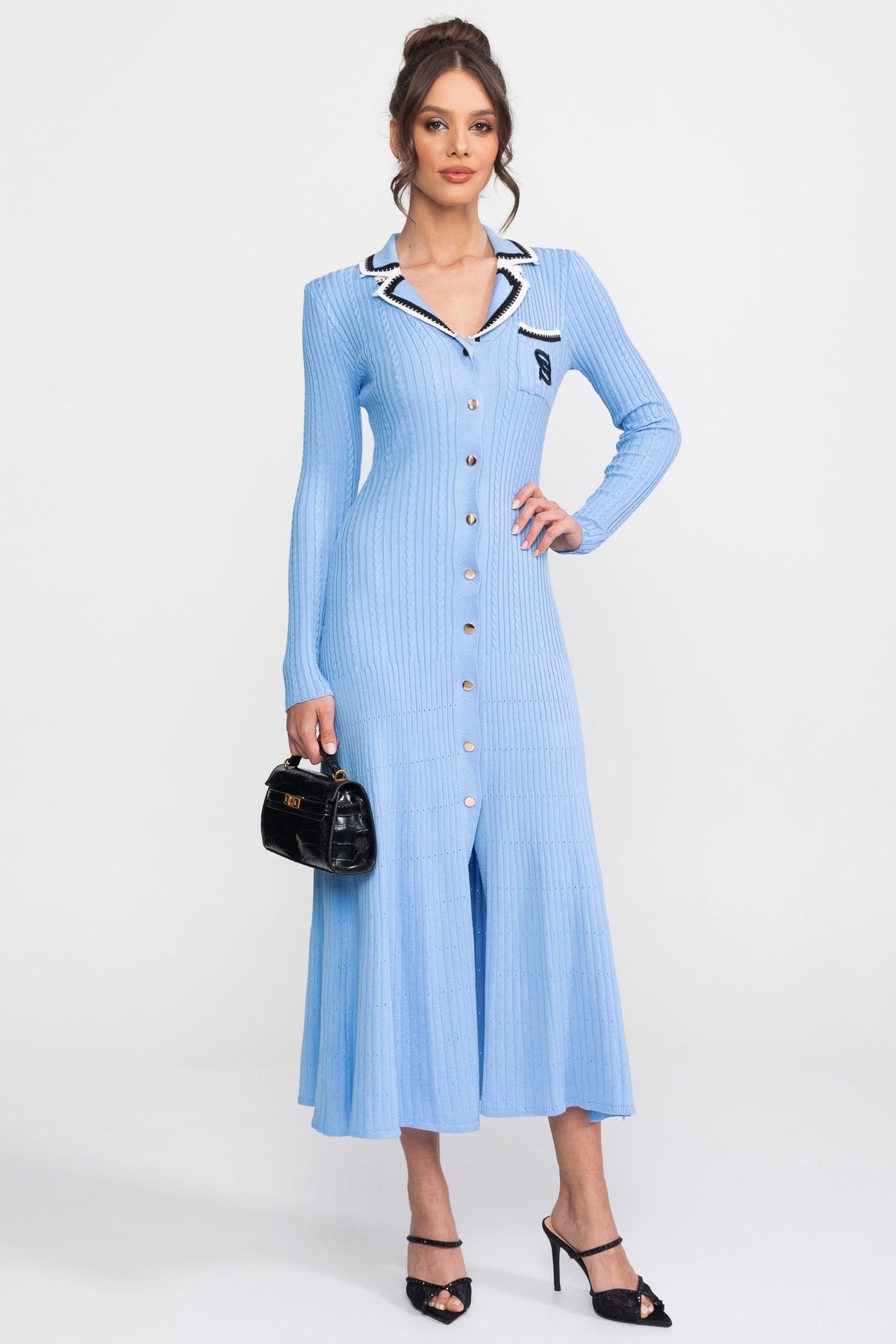 Ribbed Knit Polo Collar Long Sleeve Midi Dress with Monogram Pocket – Blue