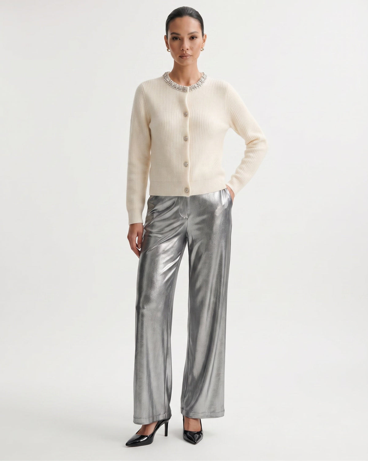 Round Neck Diamond Pattern Knit Pure Cashmere Cardigan – view 14