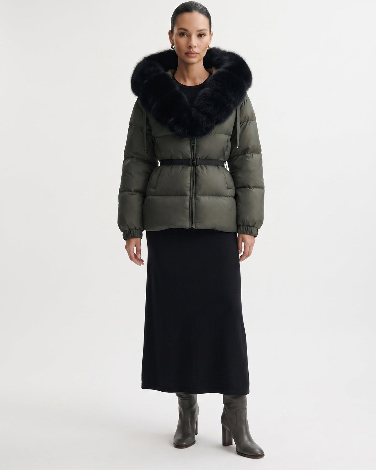 Duck Down Puffer Jacket with Trimmed Hood and Cinched Waist – view 17