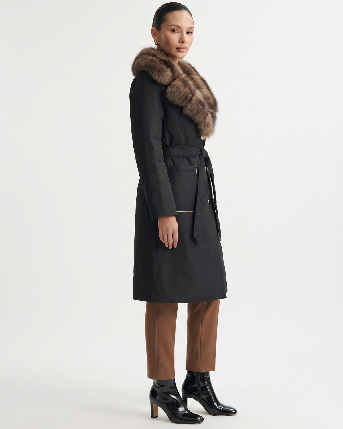 Long Belted Down Coat with Statement Collar – view 15