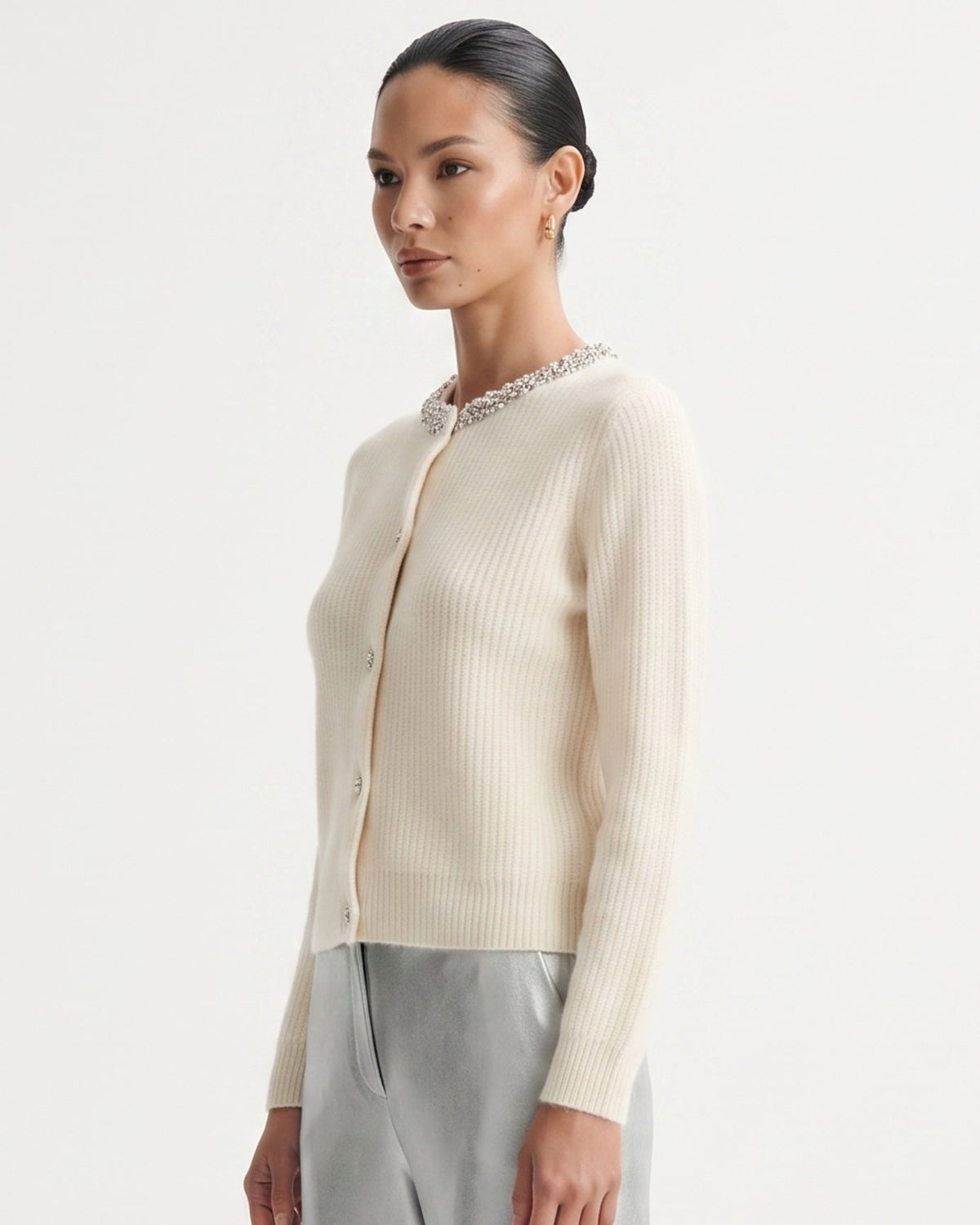 Round Neck Diamond Pattern Knit Pure Cashmere Cardigan – view 15