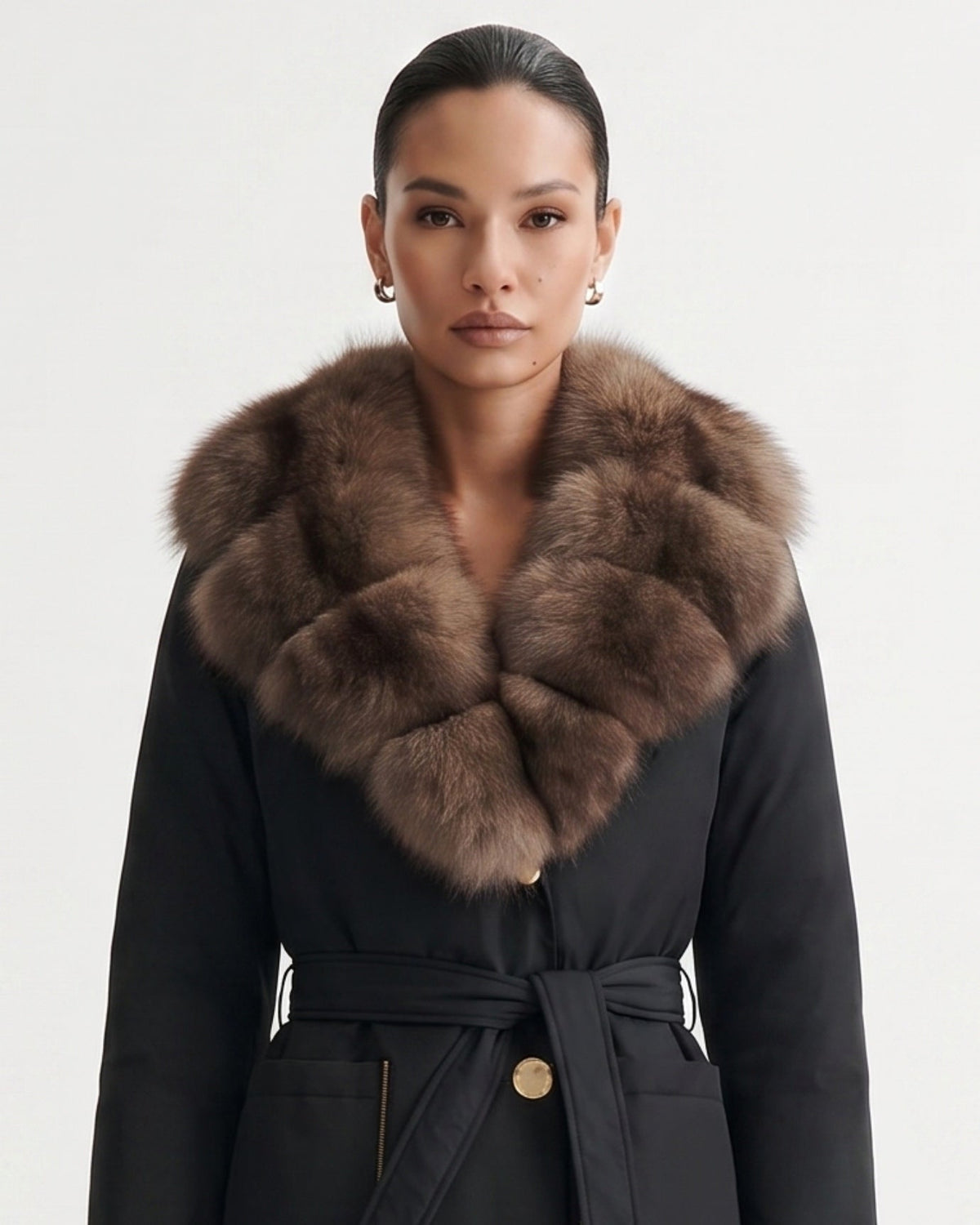 Long Belted Down Coat with Statement Collar – view 16