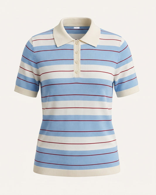 Anna Tailored Polyamide Polo Top – Sky Blue Stripes