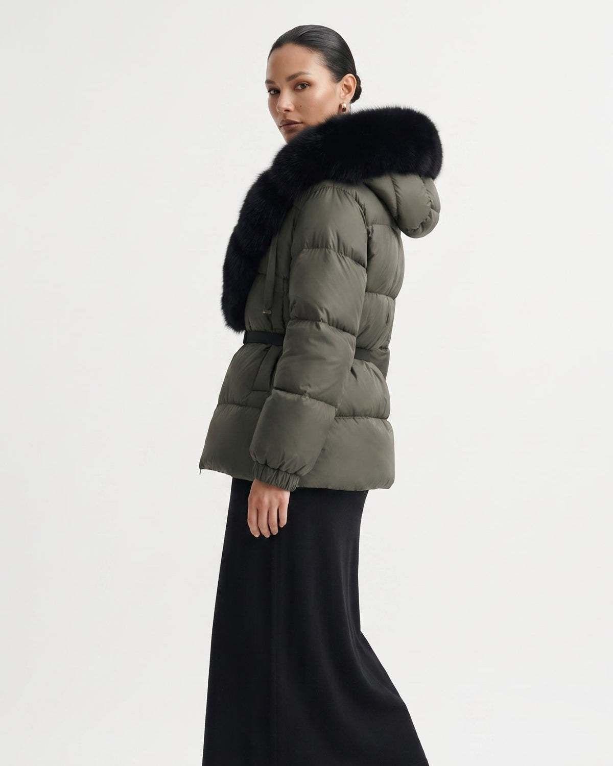 Duck Down Puffer Jacket with Trimmed Hood and Cinched Waist – view 18
