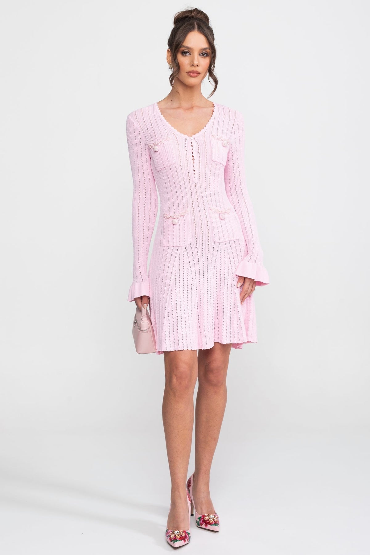 Pointelle Knit Scallop V-Neck Mini Dress with Ruffle Cuffs – Pink – view 3