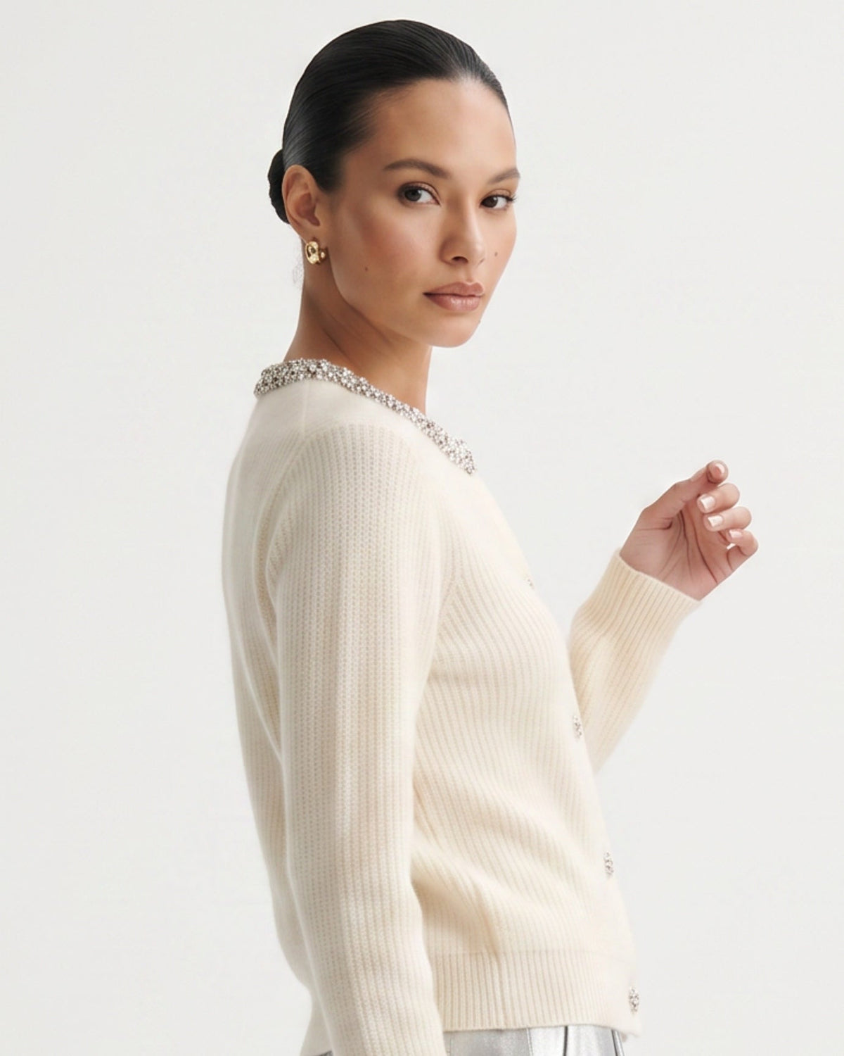Round Neck Diamond Pattern Knit Pure Cashmere Cardigan – view 16