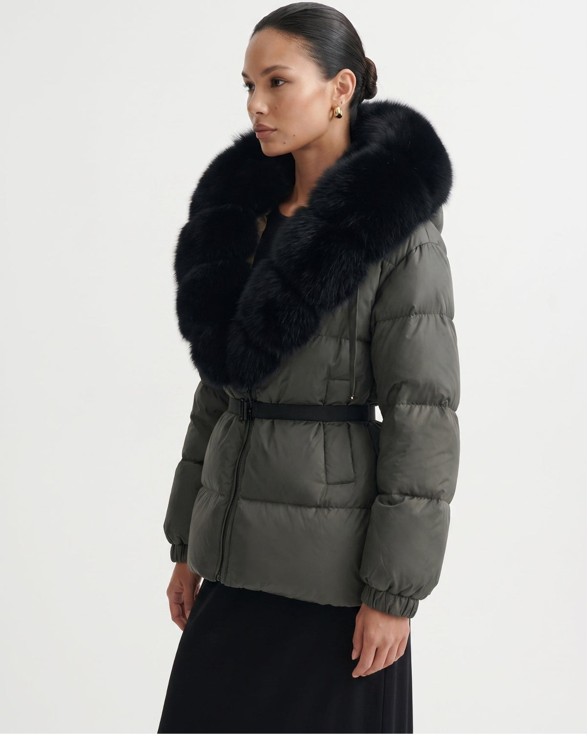 Duck Down Puffer Jacket with Trimmed Hood and Cinched Waist