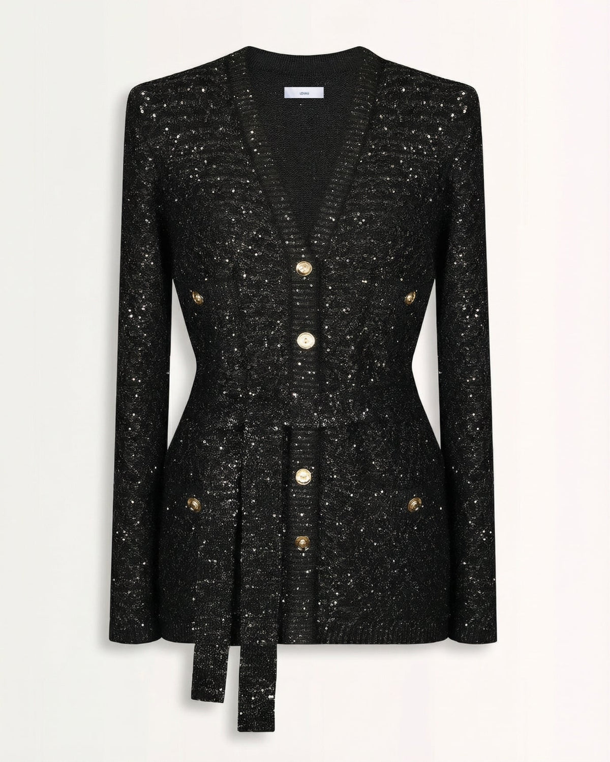 Sequin Knit Long Sleeve V-Neck Cardigan with Ribbed Cuffs – Black – view 1