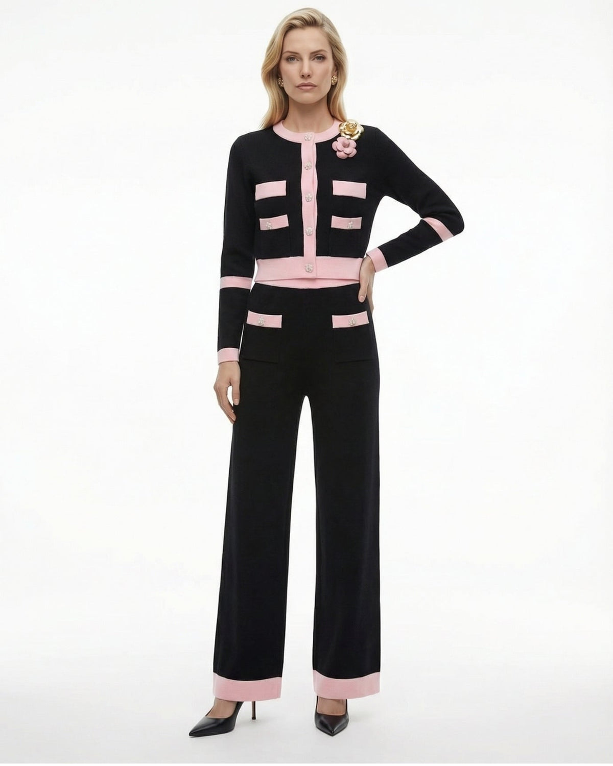 Rinna Knitted Long Sleeve Cardigan Jacket and High Waist Trousers Set