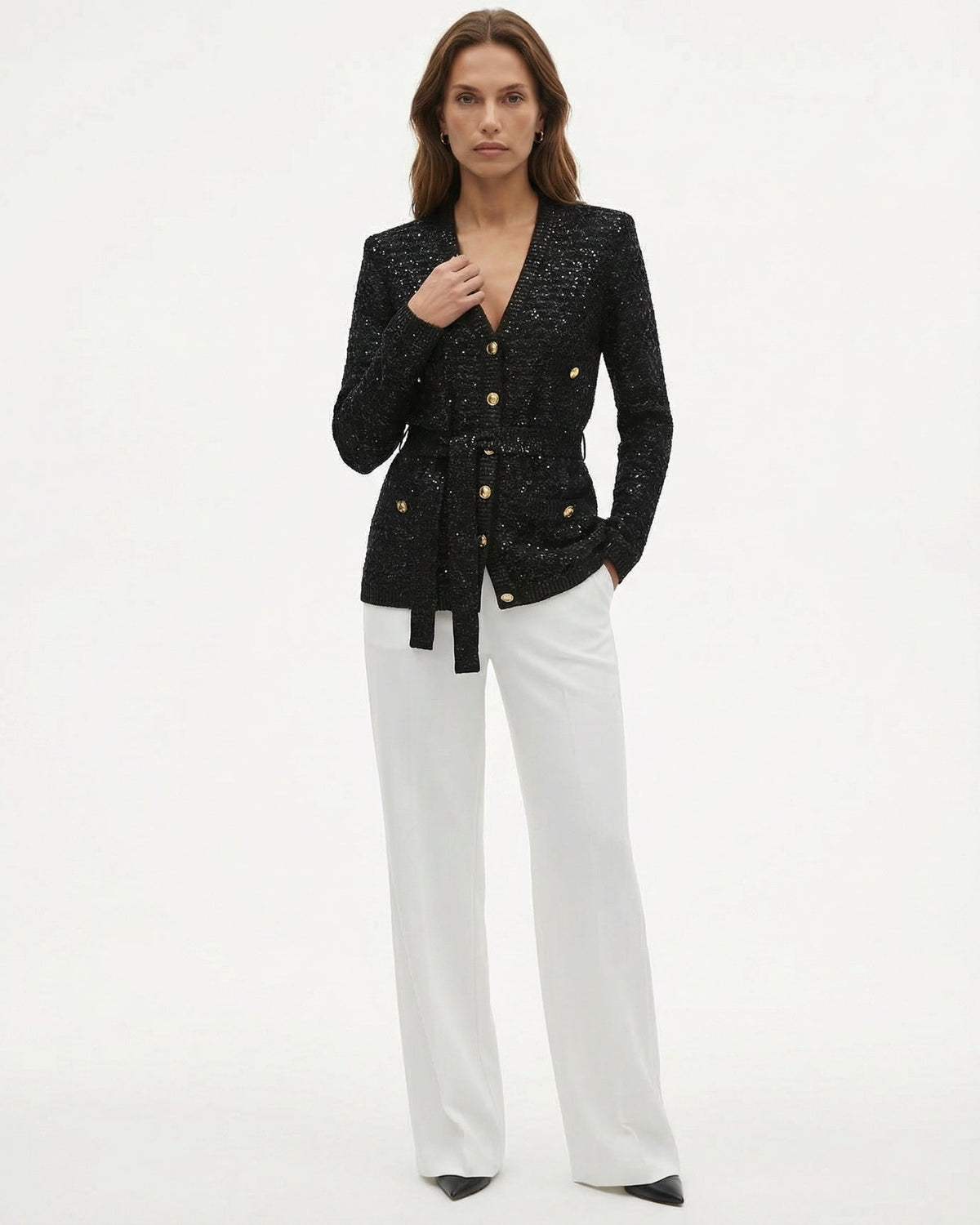 Sequin Knit Long Sleeve V-Neck Cardigan with Ribbed Cuffs – view 2
