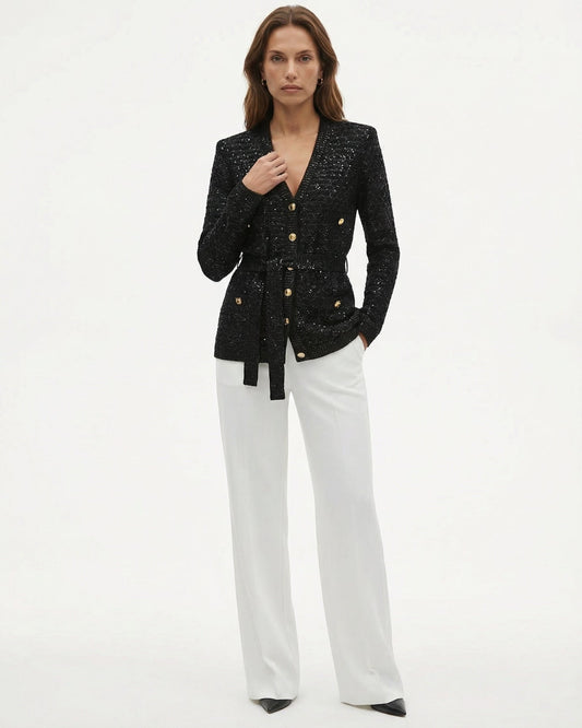 Sequin Knit Long Sleeve V-Neck Cardigan with Ribbed Cuffs – view 2