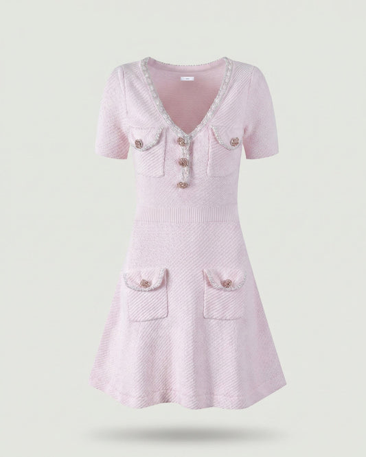 Diamond Button Tailored Wool Mini Dress – Pink