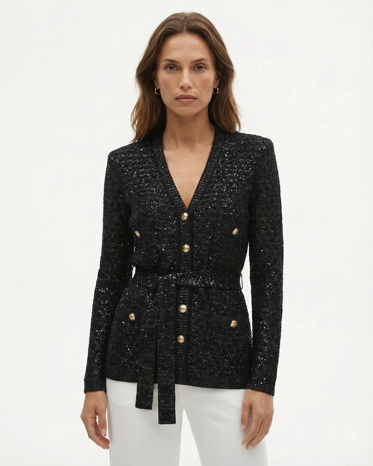 Sequin Knit Long Sleeve V-Neck Cardigan with Ribbed Cuffs – view 3