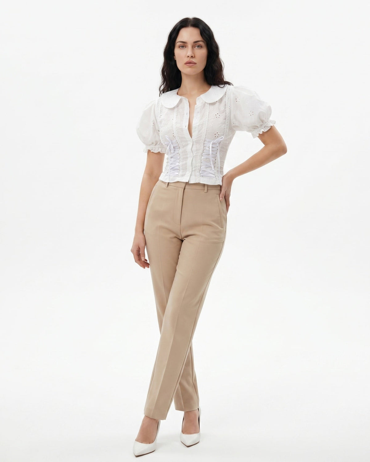 Sculpted Neckline Cotton Blend Strappy Top – White