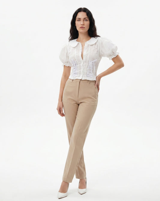 Sculpted Neckline Cotton Blend Strappy Top – White