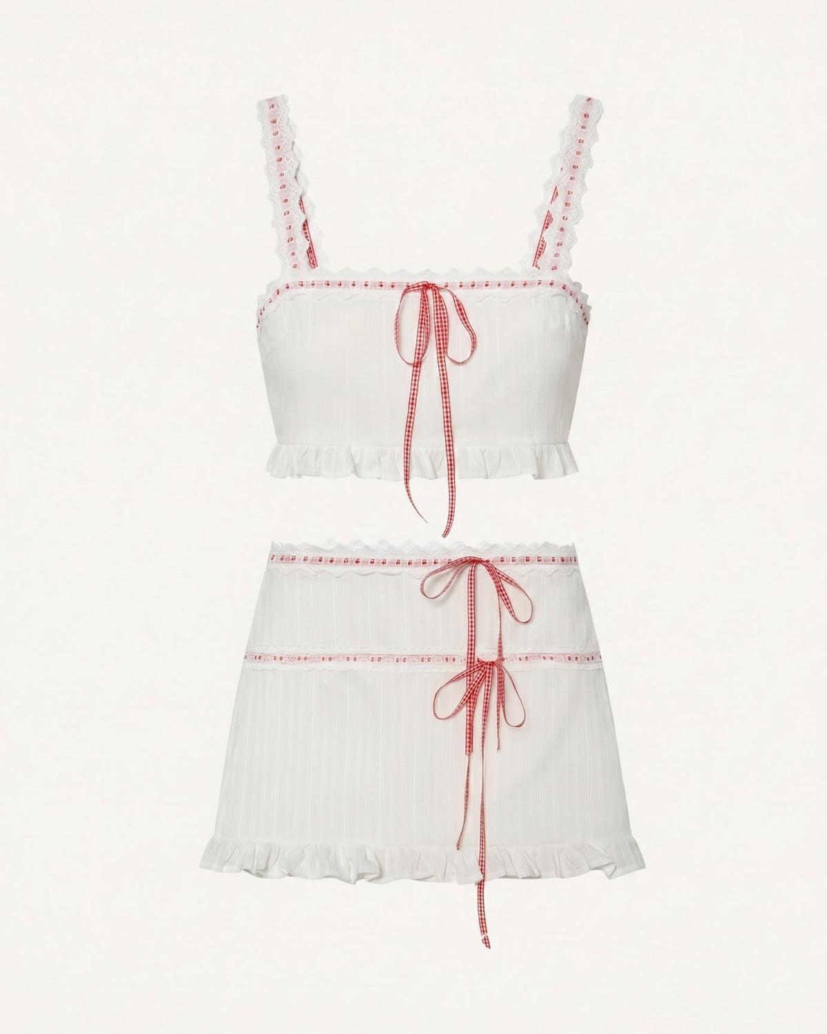 Contrast Jacquard Lace Fitted Two-Piece Skirt Set – White/Red – view 1