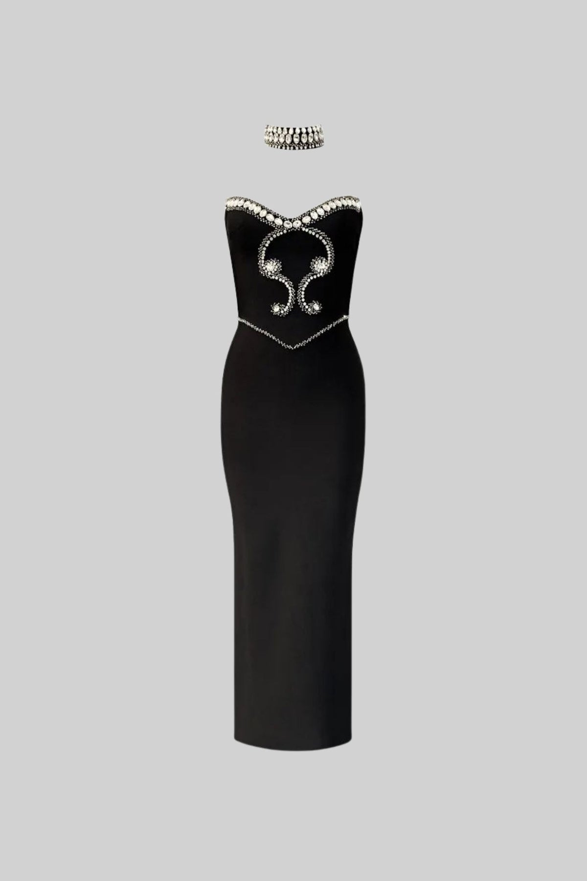 Strapless Satin Gown with Crystal Embellishment and Choker – Black – view 2