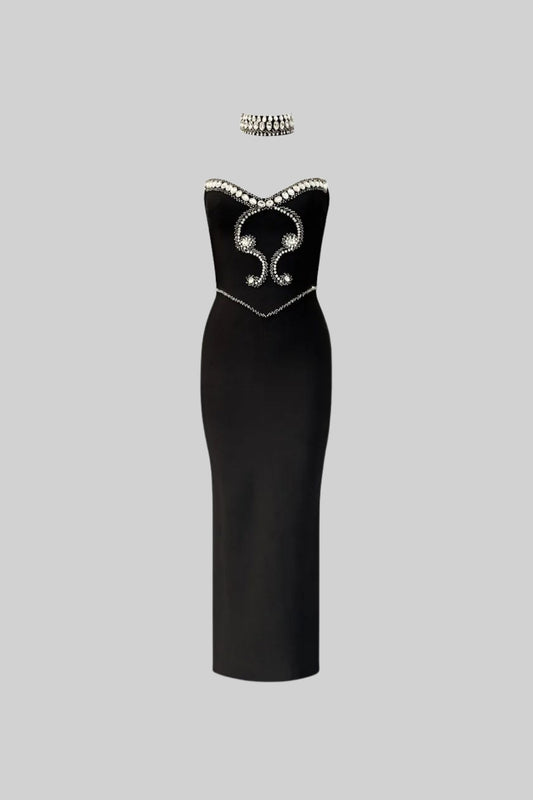 Strapless Satin Gown with Crystal Embellishment and Choker – Black – view 2