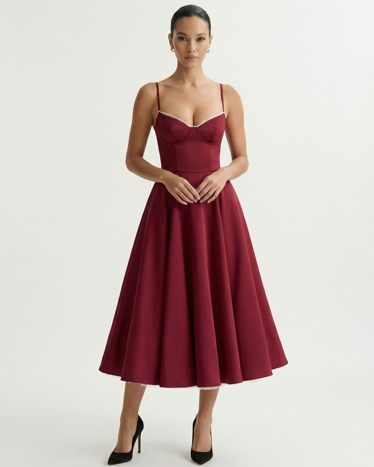 Giulia Duchess Satin Midi Dress with Tulle Underskirt – Burgundy Red – view 4