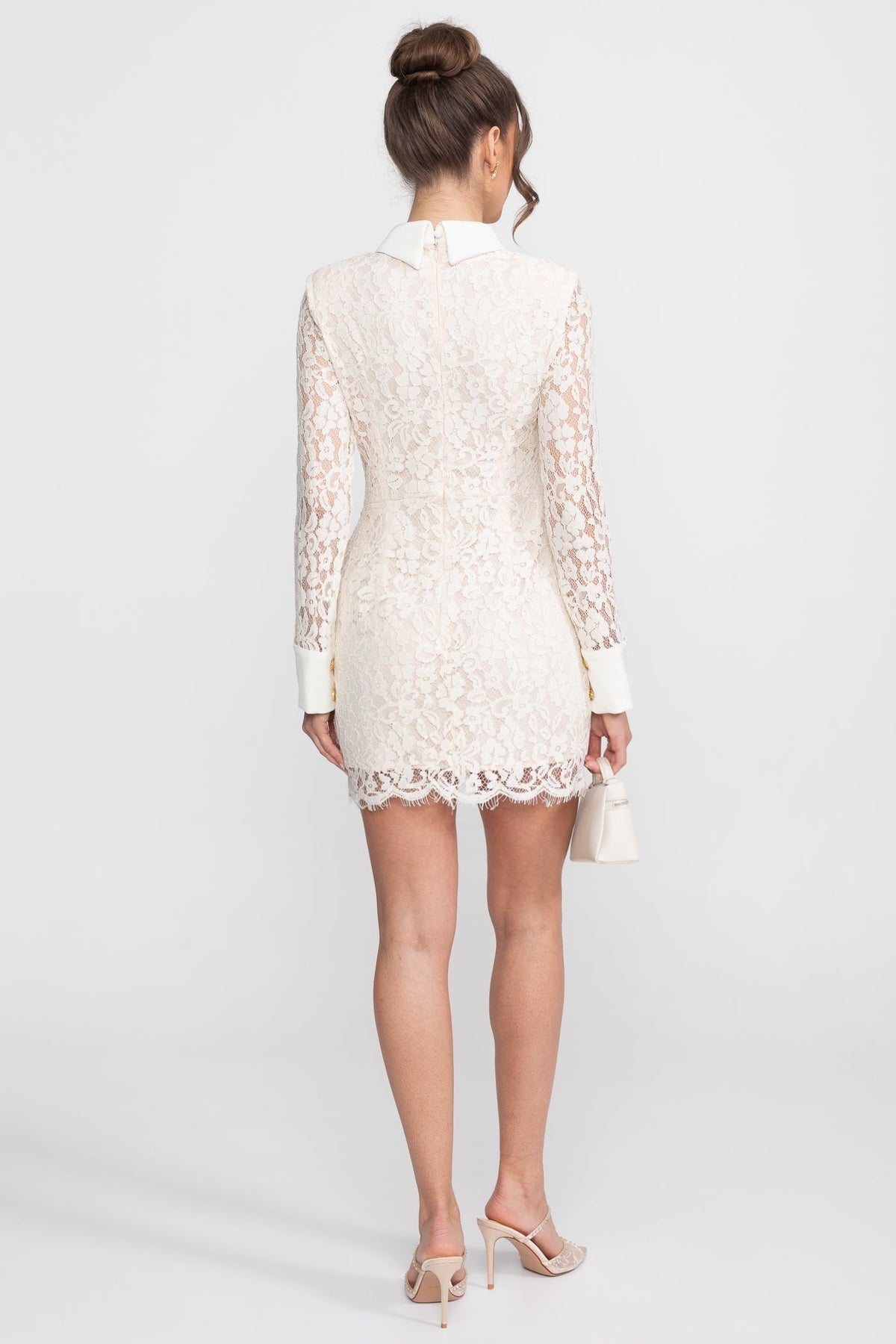 Long Sleeve Stretch Lace Mini Dress with Gold Buttons and Scallop Hem – Ivory – view 4