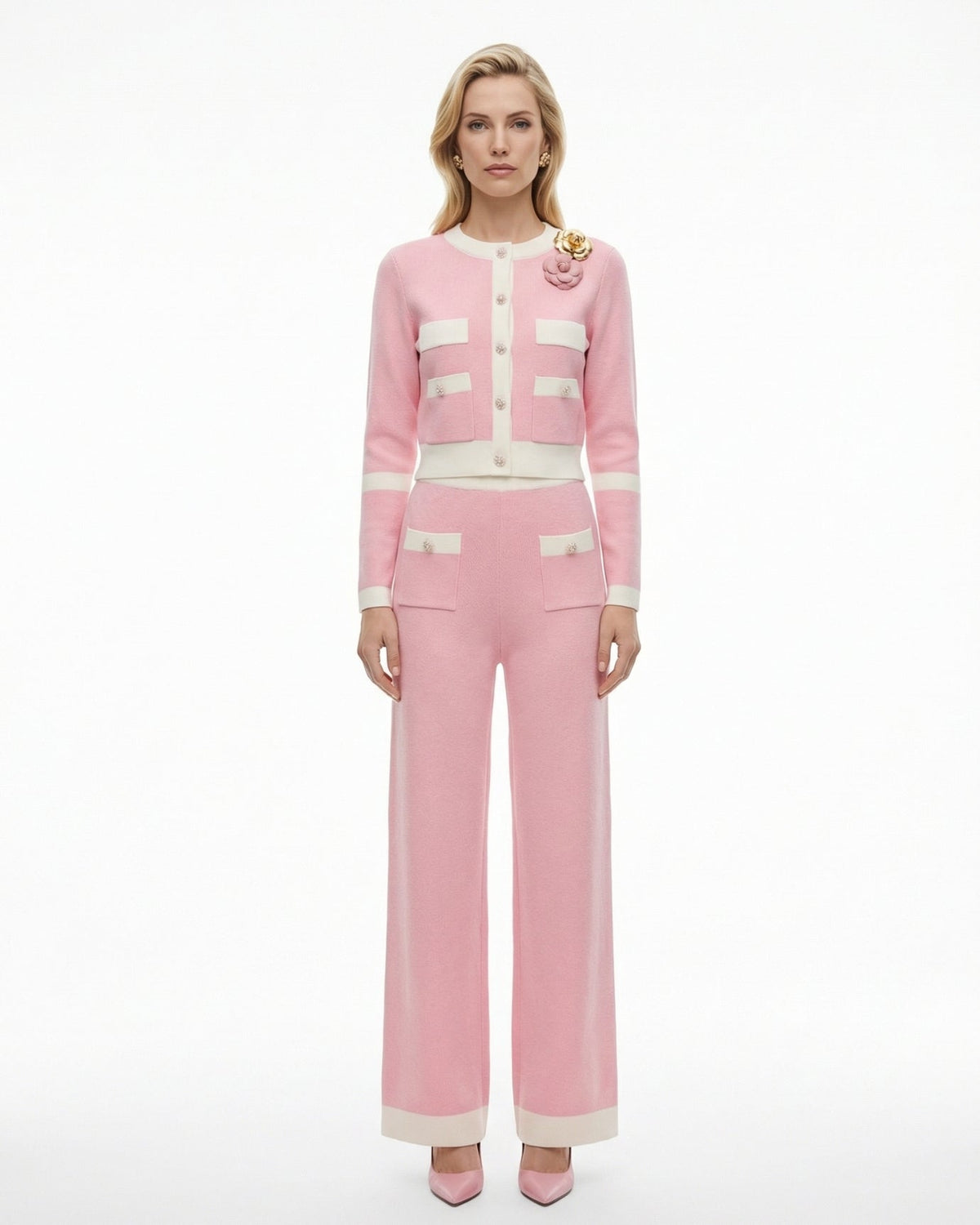 Rinna Knitted Long Sleeve Cardigan Jacket and High Waist Trousers Set
