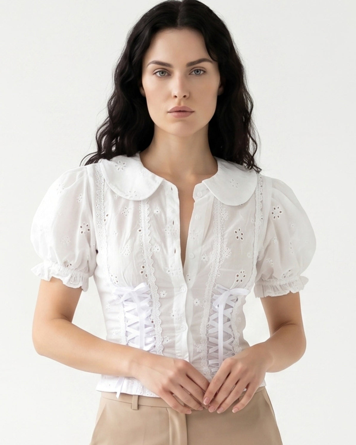 Sculpted Neckline Cotton Blend Strappy Top – White – view 3