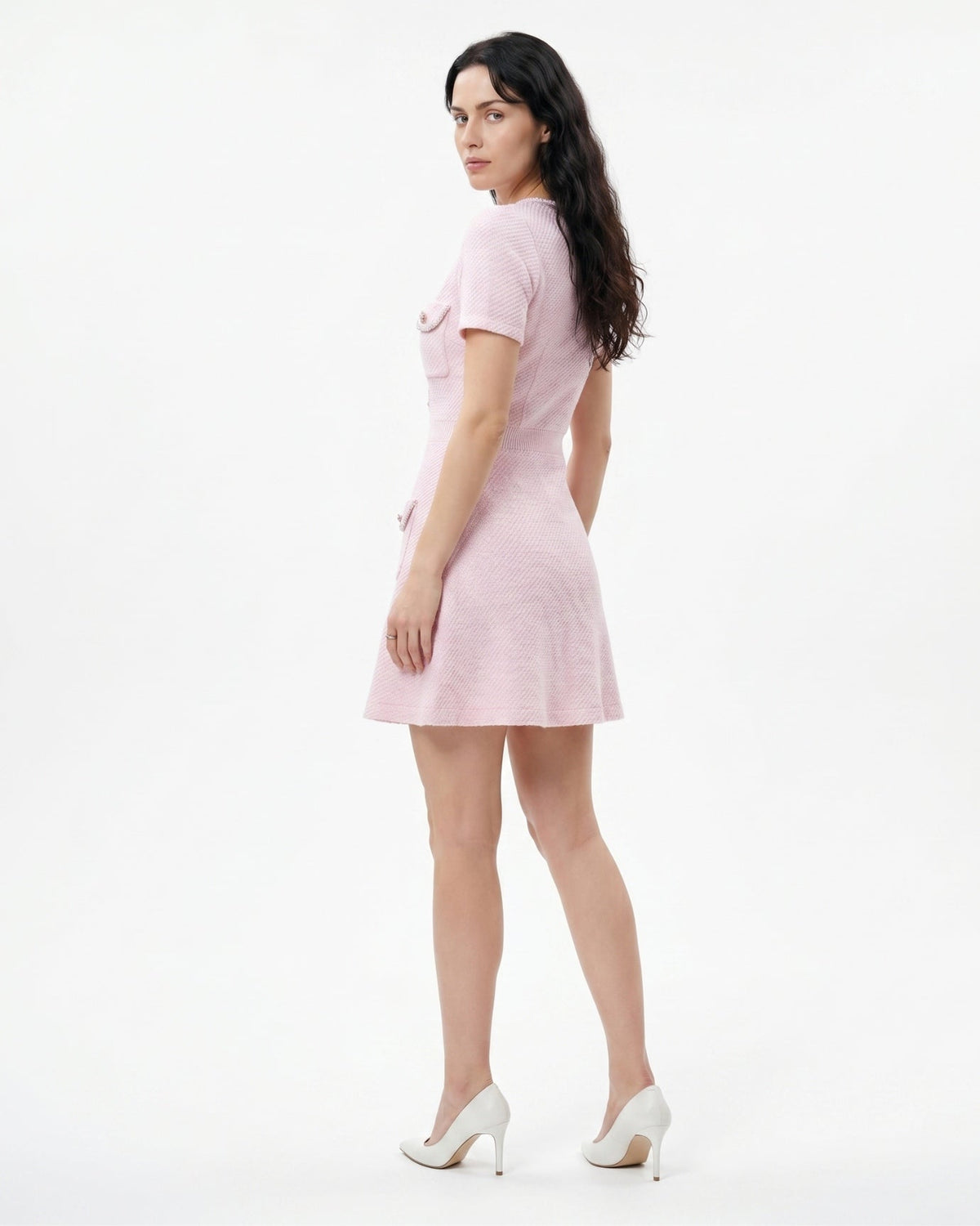 Diamond Button Tailored Wool Mini Dress – Pink