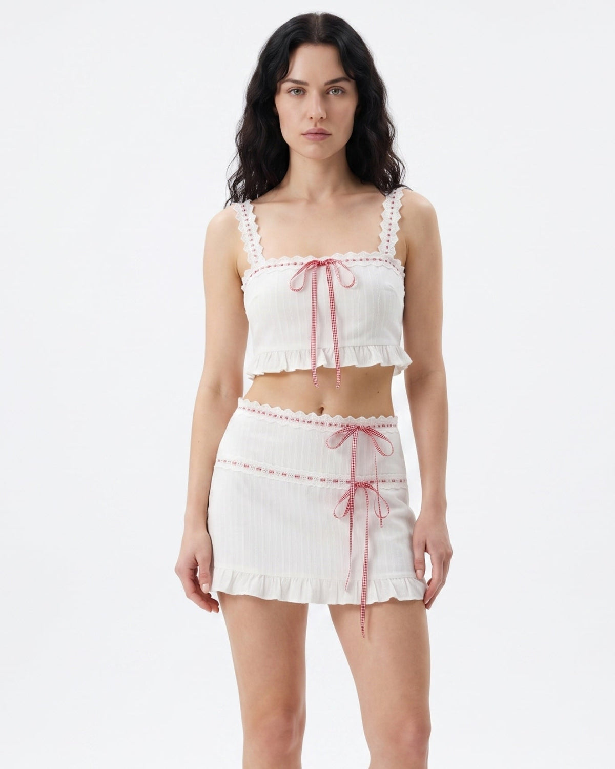 Contrast Jacquard Lace Fitted Two-Piece Skirt Set – White/Red