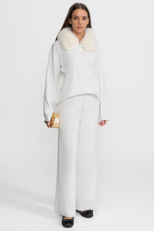 Knit Lounge Top and Straight Leg Trousers Set – White