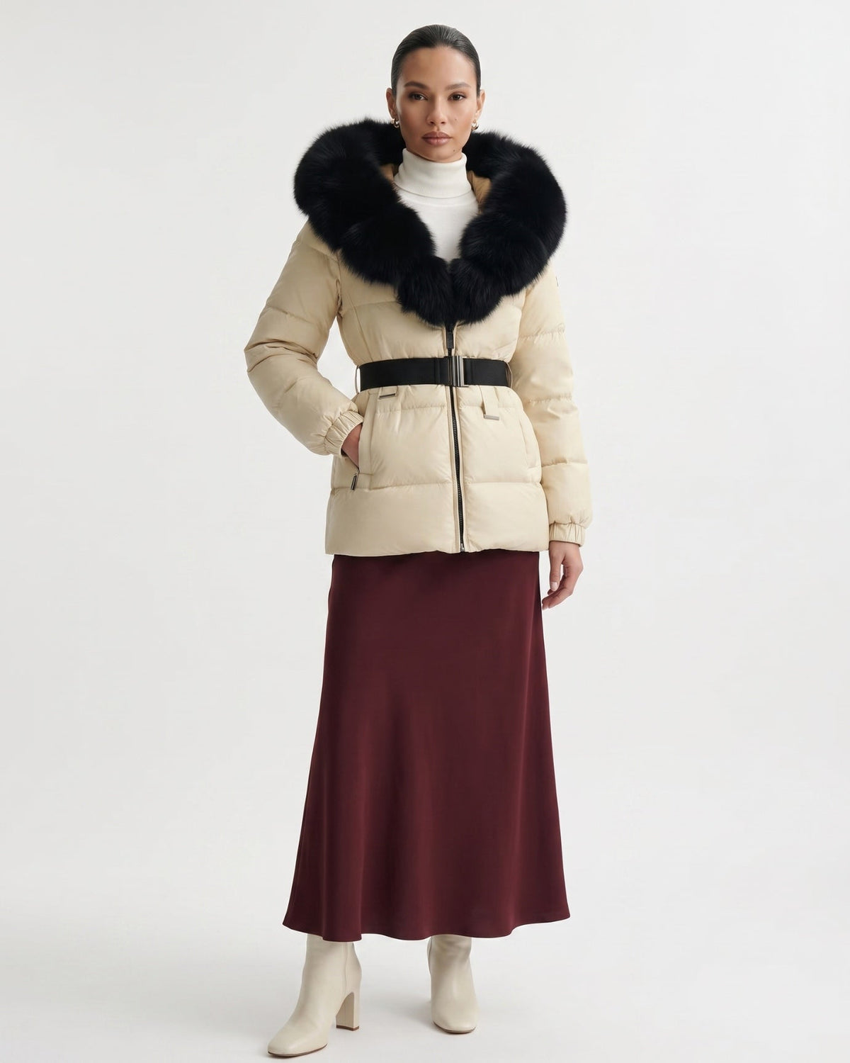 Duck Down Puffer Jacket with Collar Trim
