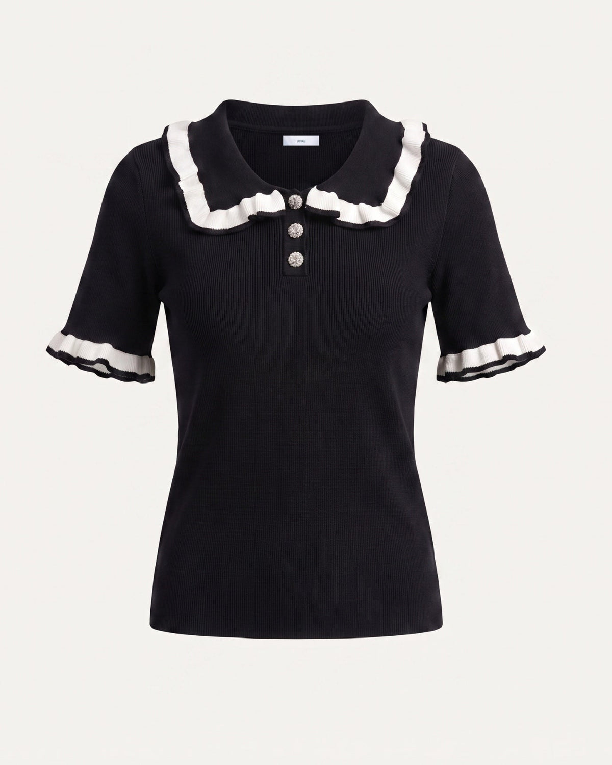 Contrast Colour Block Tailored Polyamide Polo Top – Black – view 1