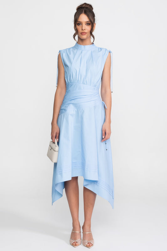 High Neck Ruched Waist Midi Dress with Handkerchief Hem – Light Blue