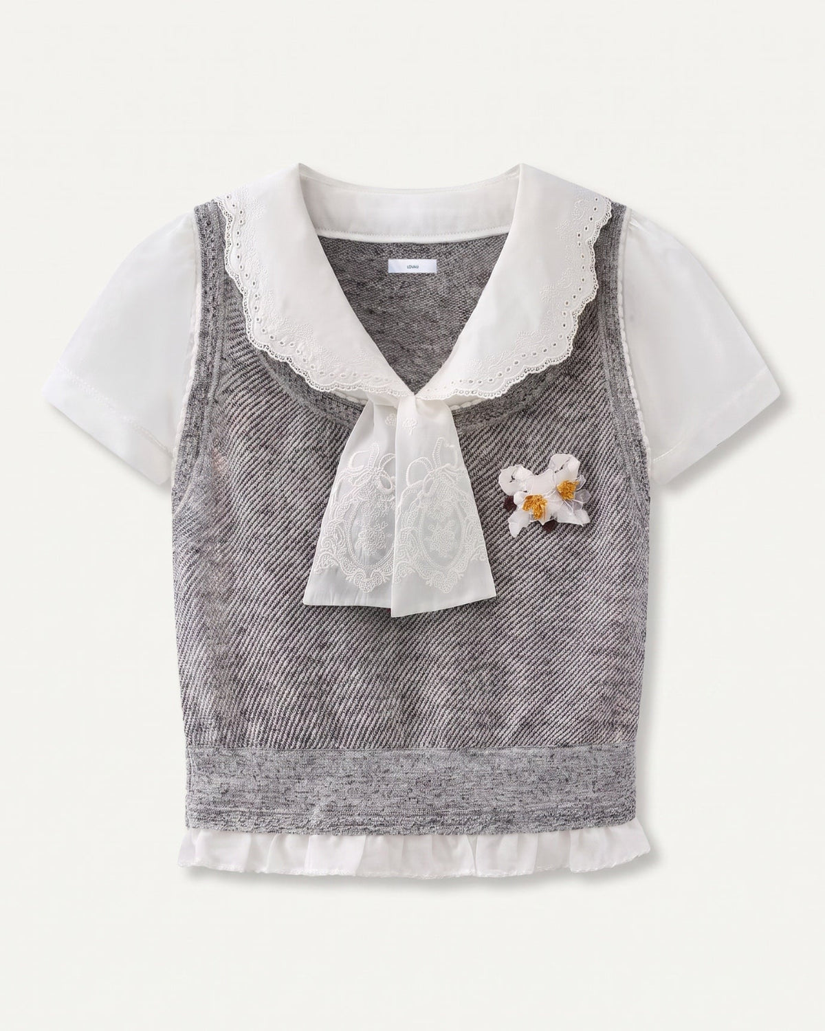 Sweet Dream Embroidered Knitted Top with Gentle Shaping – Grey – view 1