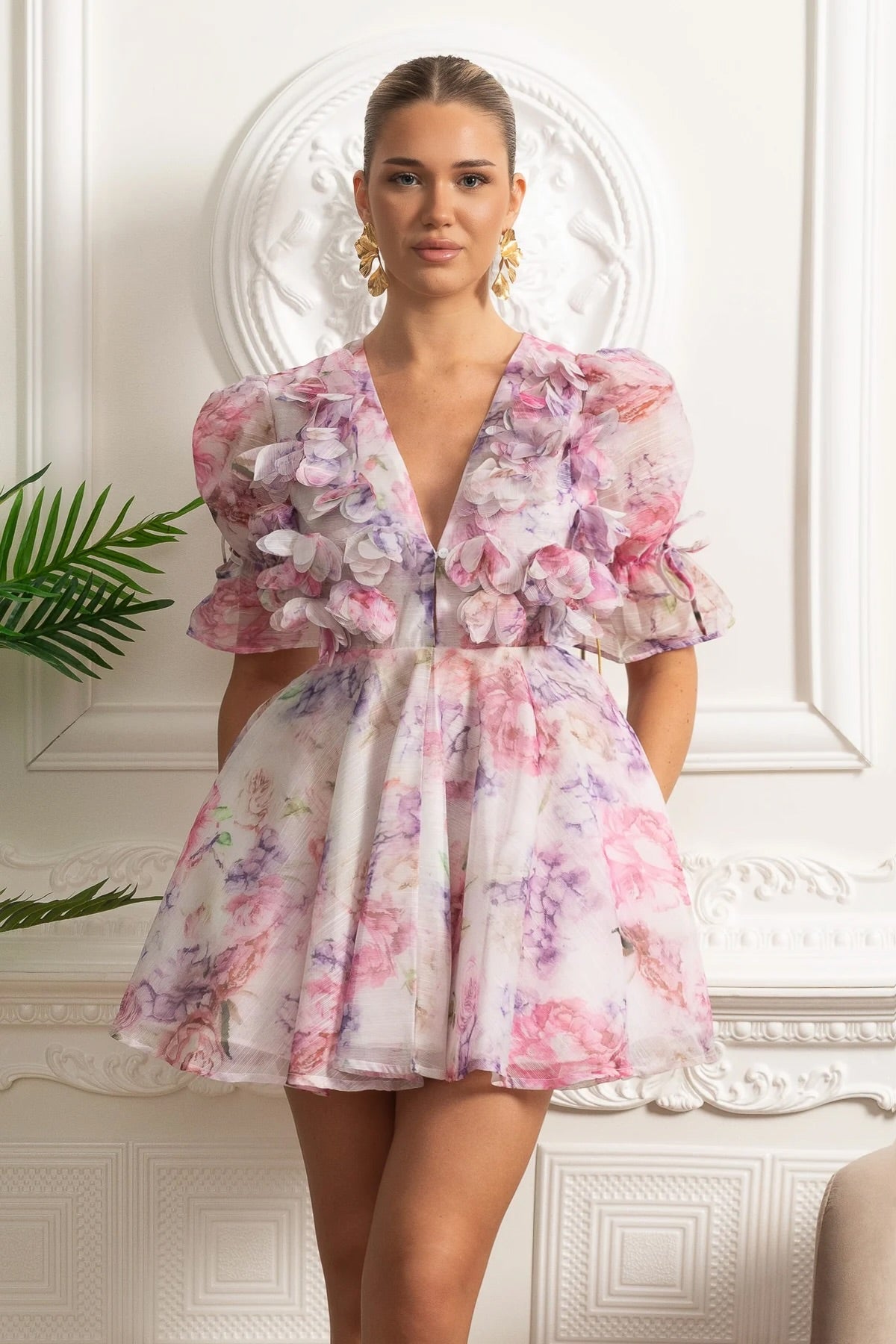 3D Floral Appliqué Puff Sleeve V-Neck A-Line Mini Dress – Pink