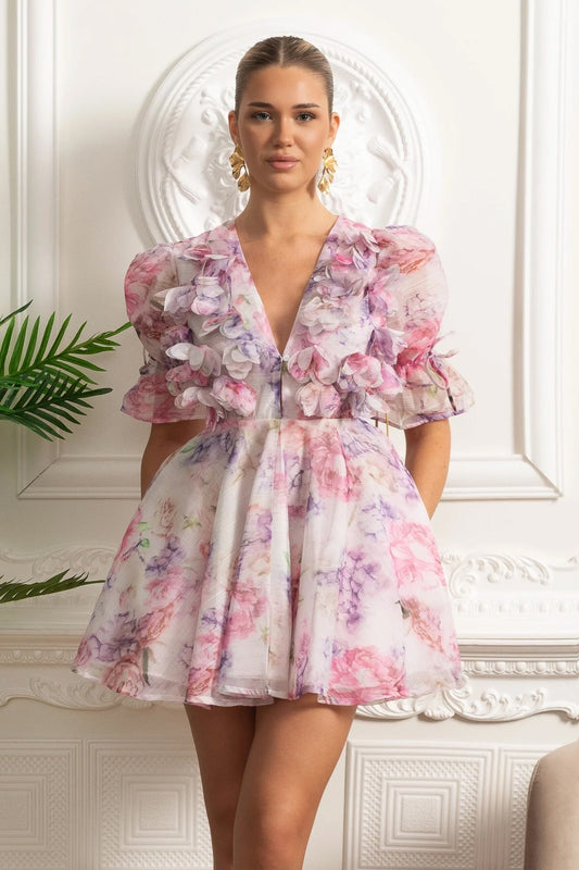 3D Floral Appliqué Puff Sleeve V-Neck A-Line Mini Dress – Pink