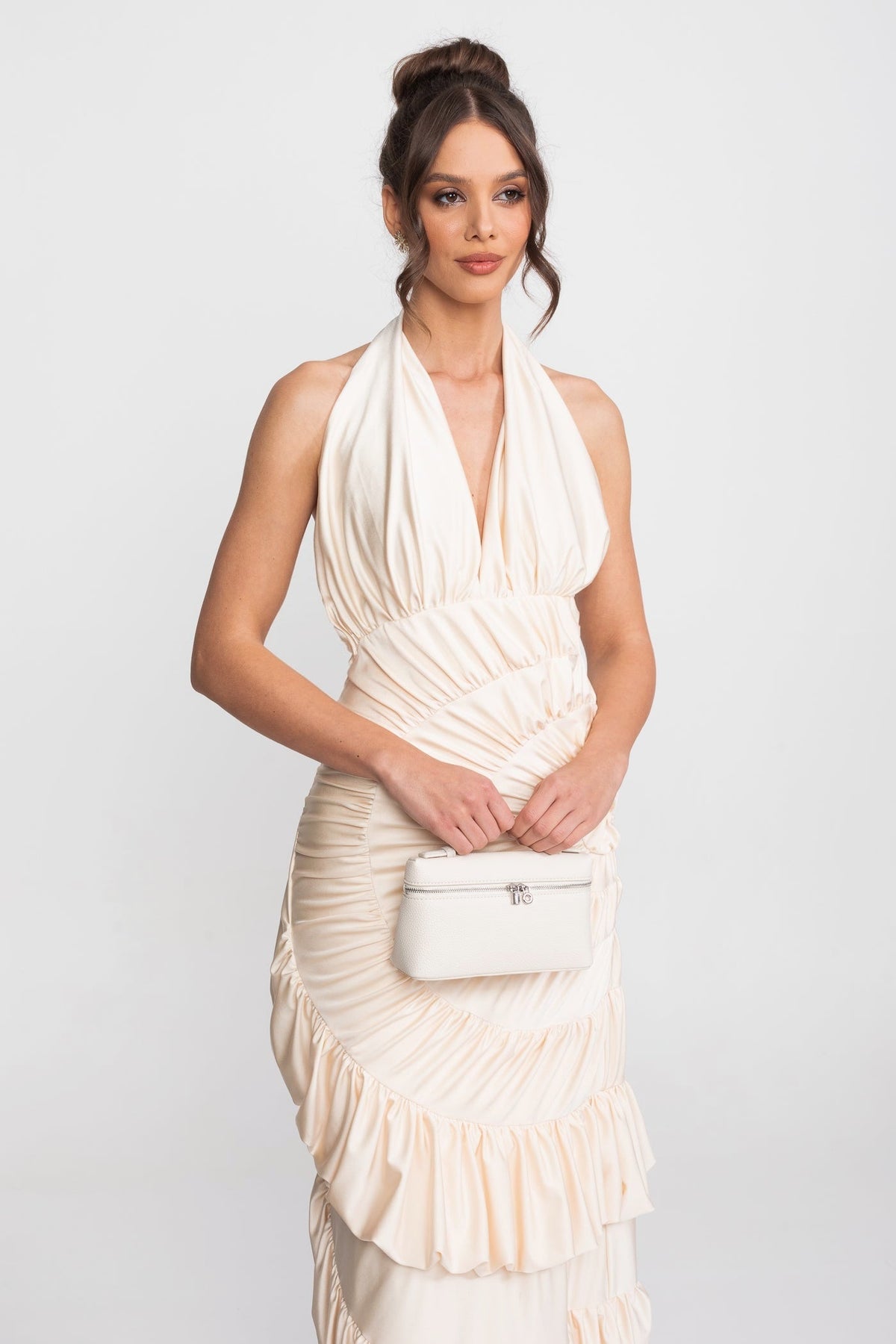 Halter Cowl Neck Fan-Pleated Maxi Dress with Tiered Ruffle Skirt – Ivory – view 7