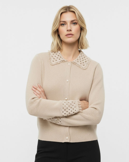 Dina 100% Cashmere Crochet Knit Polo Neck Thick Cardigan – view 3