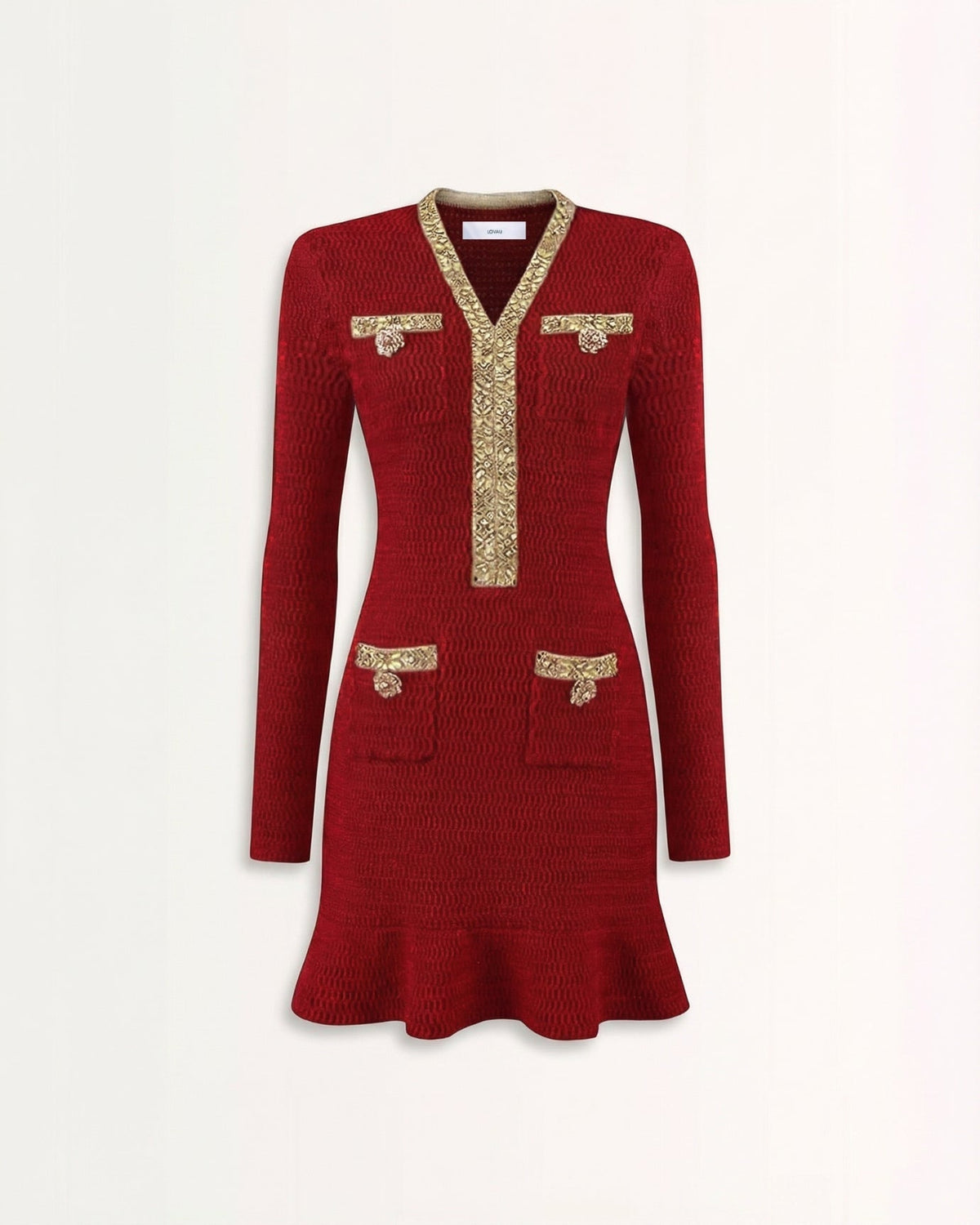 Heavy Beaded V-Neck Long Sleeve Slim Fit Knit Dress – Red – view 1