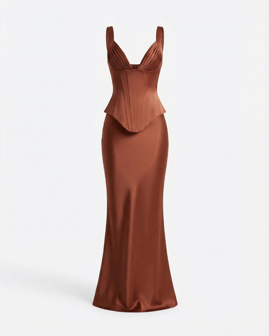 Cira Lustrous Satin Shirt and Long Skirt Two-Piece Set