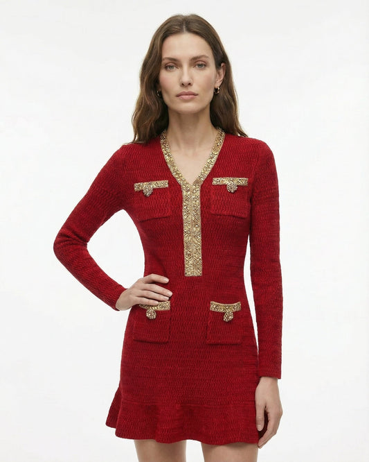 Heavy Beaded V-Neck Long Sleeve Slim Fit Knit Dress – view 3